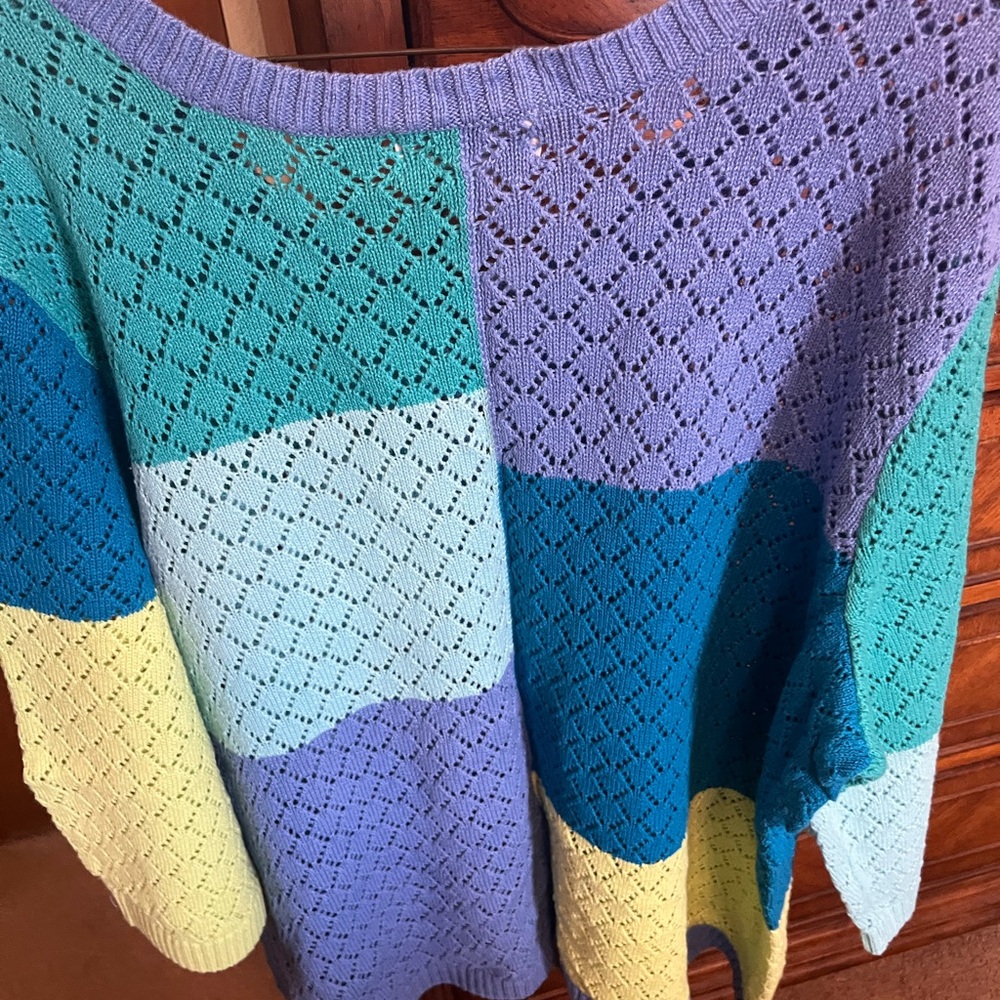 CJ Banks Blue & Teal Patchwork Knit Cardigan Sweater - Picture 2 of 2